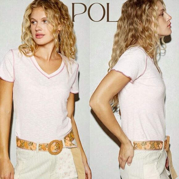 POL Pink V-Neck Short Sleeve Ribbed T-Shirt Contrast Overlock Stitching Med NEW - Picture 1 of 9